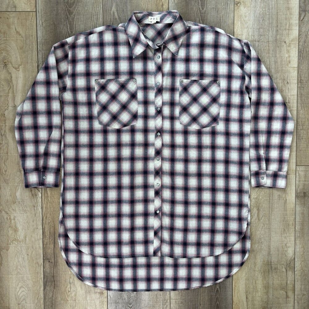 POL Womens Western Pink Plaid Button Down Tunic Size L Rodeo Festival Star Studs - Picture 7 of 13